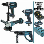 Makita - pack power pro 18v: ddf458 + dhr202 + dga504 + dtd152 + 3 batt 5ah + 3 coffrets