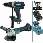 Makita - pack power pro 18v: perceuse 91nm ddf458 + meuleuse 125mm dga504 + 3 batt 5ah + 2 coffrets makpac ...