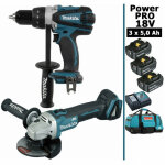 Makita - pack power pro 18v: perceuse 91nm ddf458 + meuleuse 125mm dga504 + 3 batt 5ah + sac