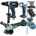 Makita - pack power pro 18v: perceuse 91nm ddf458 + meuleuse 125mm dga504 + lampe + 3 batt 5ah + 2 coffrets ...