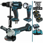 Makita - pack power pro 18v: perceuse 91nm ddf458 + meuleuse 125mm dga504 + lampe torche led 180lm + ...