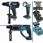 Makita - pack power pro 18v: perceuse 91nm ddf458 + perfo 2j dhr202 + lampe torche led 180lm + 3 batt ...