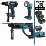 Makita - pack power pro 18v: perceuse 91nm ddf458 + perfo 2j dhr202 + lampe torche led 180lm + 3 batt ...