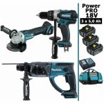Makita - pack power pro 18v: perceuse 91nm ddf458 + perfo 2j dhr202 + meuleuse 125mm dga504 + 3 batt ...