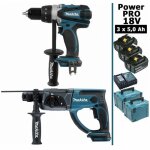 Makita - pack power pro 18v: perceuse 91nm ddf458 + perforateur 2j dhr202 + 3 batt 5ah + 2 coffrets makpac ...
