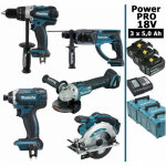 Makita - pack power pro 5 outils 18v: ddf458 + dhr202 + dga504 + dtd152 + dss610 + 3 batt 5ah + 3 coffrets ...