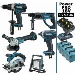 Makita - pack power pro 6 outils 18v: ddf458 + dhr202 + dga504 + dtd152 + dss610 + projecteur + 3 batt ...