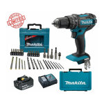 Perceuse visseuse  percussion makita 18v 62nm dhp482 + 1 batt 3 ah + coffret 34 accessoires de perage ...