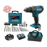 Perceuse visseuse  percussion makita 18v 62nm dhp482 + 1 batt 3 ah + coffret 34 accessoires de perage ...