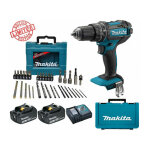 Perceuse visseuse  percussion makita 18v 62nm dhp482 + 2 batt 3 ah + coffret 34 accessoires de perage ...