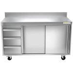 Meuble bas inox 1600x700 mm adoss�e avec 3 tiroirs � gauche sur roulettes premium - goldinox