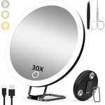 Miroir grossissant 30x avec lumi�re, 15cm 3 modes de couleur dimming, lumineux de maquillage, grand de ...