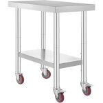 Mophorn - table de travail en acier inoxydable 30x18x34 pouces, capacite de 700 lbs, 4 roues, 3 hauteurs ...