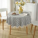 Nappe ronde en coton et lin anti - t�che nappe � franges prot�ge - table lavable 140x140cm, noir