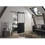 Optimum - kit porte coulissante atelier noir + rail apparent acier noir - verre d�poli - 204 x 83 cm
