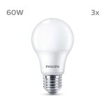 Pack de 3 ampoules led e27, 60w, blanc chaud - philips