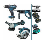 Pack makita premium 4 machines 18v 5ah: perceuse ddf482 + meuleuse dga504 + perfo dhr202 + dss610 + 3 ...
