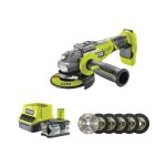 Pack ryobi meuleuse d'angle brushless 18v one + - 1 batterie 18v 4. 0ah - 1 chargeur rapide - kit 6 disques ...