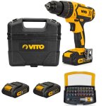 Vito - perceuse sans fil 18v 2 batteries lithium 2ah + chargeur + coffret de vissage 32 pices