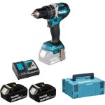 Perceuse visseuse � percussion 18 v � 13 mm makita avec 2 batteries 18v 5. 0ah - chargeur - makpac - ...