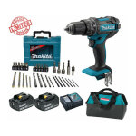 Perceuse visseuse  percussion makita 18v 62nm dhp482 + 2 batt 3 ah + coffret 34 accessoires de perage ...