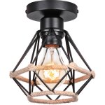 Plafonnier industriel vintage interieur cage en forme diamant en mtal avec corde de chanvre fer lustre ...