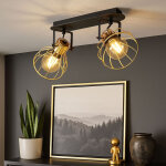 Plafonnier lampe de plafond spot salle � manger tress�e cage bois, r�glable, noir laiton, 2x e27 douille, ...