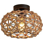 Plafonnier vintage rotin et m�tal, suspension boh�me avec abat - jour en osier tress� ? douille e27 ? ...