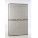 Armoire haute de rangement plastiken titanium - 3 portes, tageres et penderie - beige et taupe