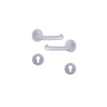 Poigne de porte d'entre design en aluminium anodis argent f1 sur rosace ronde cl i, haarlem