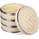 Relaxdays cuiseur vapeur bambou, 3 niveaux, anneaux en mtal, panier asiatique, riz, dimsum, lgumes, ...