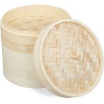 Cuiseur vapeur bambou, panier asiatique avec 3 tages, pour dim sum, riz, bamboo steamer,  24 cm, nature ...