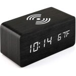 R�veil en bois avec chargeur sans fil qi compatible avec iphone samsung horloge num�rique led en bois ...