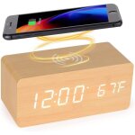 R�veil num�rique en bois avec station de charge sans fil, chargeur rapide 5 w pour iphone / samsung galaxy, ...