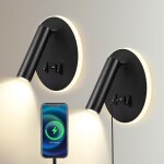 (rond noir) lampe de lecture int�rieure led 3w + 9w 3000k, applique murale avec port de charge usb et ...