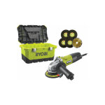 Ryobi meuleuse d'angle 800w 125mm - 1 disque diamant - 5 disques � �barber - toolbox rag800 - 125ta6