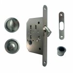 Serrure porte coulissante � crochet - axe 50mm - rosaces rondes condamnation + tire - doigts + gache ...