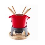 Service � fondue en fonte �maill�e, support en fer avec base en bois, 6 fourchettes lacor