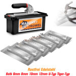 Set de 6 platoir � enduire 280 x 115 mm, 6 lames ( 6, 8, 10, 12mm, type u / tigre) spatules inox, bo�te ...