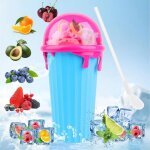 Slushy maker cup silicone 500ml, paille cuill�re 2 en 1, gobelet r�utilisable glaces smoothies bleu moderne ...