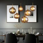 Suspension, suspension, lampe de table � manger, 6 flammes, boule de verre, ambre, lampe de salon, laiton, ...
