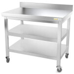 Table de travail en inox 1200 x 600 mm adoss�e avec 2 �tag�res sur roulettes premium - goldinox