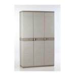 Armoire haute de rangement plastiken titanium - 3 portes, �tageres et penderie - beige et taupe