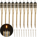 Torche jardin, lot de 10, bambou, lampe huile pour dehors, avec mches de rechange, hauteur : 50 cm, ...