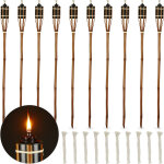 Torche jardin, lot de 10, bambou, lampe huile pour dehors, avec mches de rechange, hauteur : 90 cm, ...