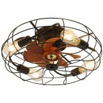 Ventilateur de plafond 50 cm, avec 7 pales en bois, 4 ampoules e26, 6 vitesses, design cage industrielle, ...