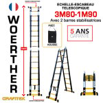 Woerther - echelle - escbeau t�lescopique3m80 / 1m90 avec barre stabilisatrice - charge maximal 150kg ...