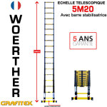 Woerther - echelle t�lescopique 5m20 avec barre stabilisatrice - charge maximal 150kg - garantie 5 ans ...
