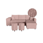 Canap� d'angle r�versible convertible oslo avec coffre, 2 poufs � gauche en velours c�tel� rose