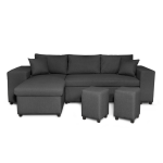 Canap� d'angle r�versible mady avec coffre, accoudoir �tag�re et poufs droit en tissu gris fonc�